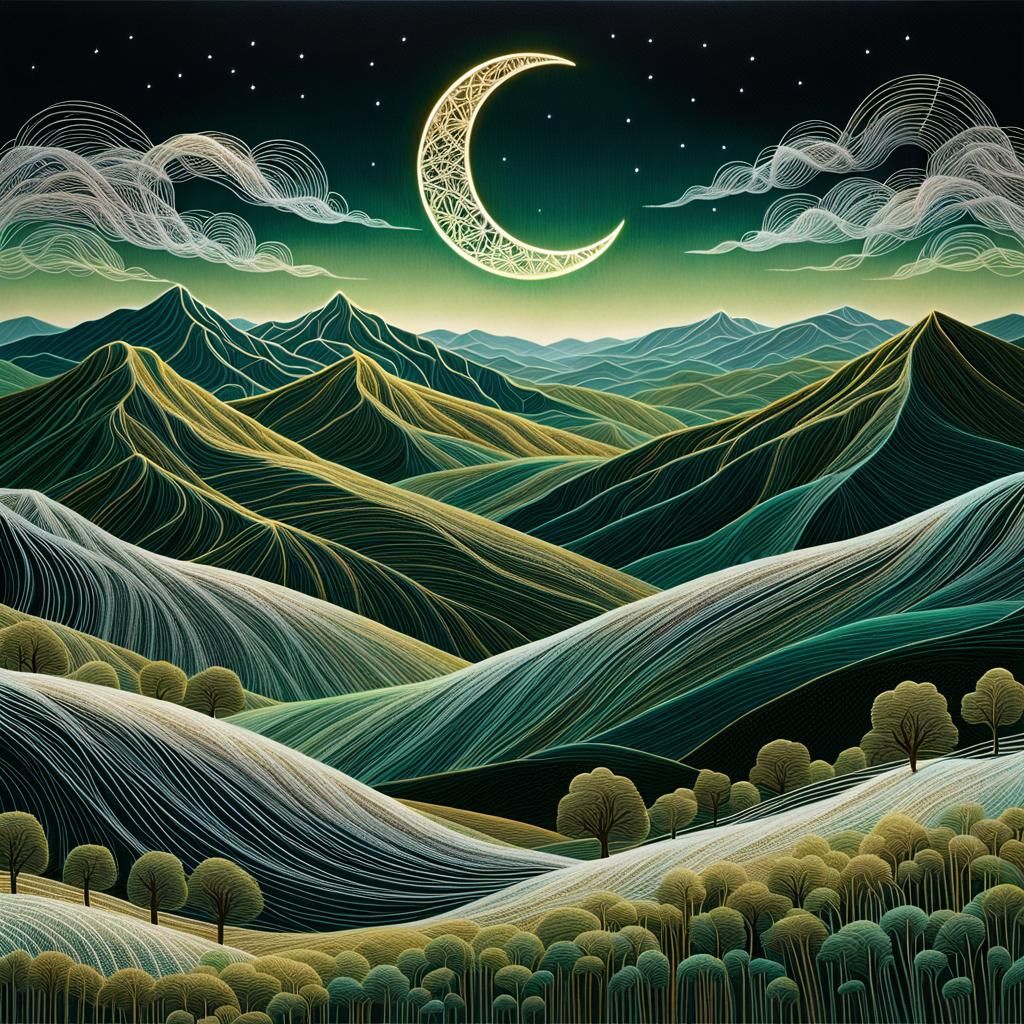 Mystical Crescent Moon in String Art Style