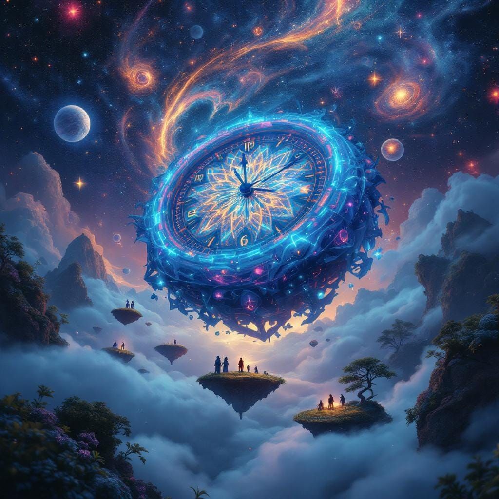 Magical Clock Floating in Cosmic Dreamscape