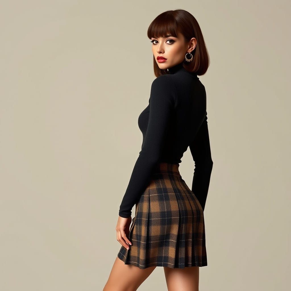 Elegant Petite Woman in Mohair Sweater and Plaid Skirt