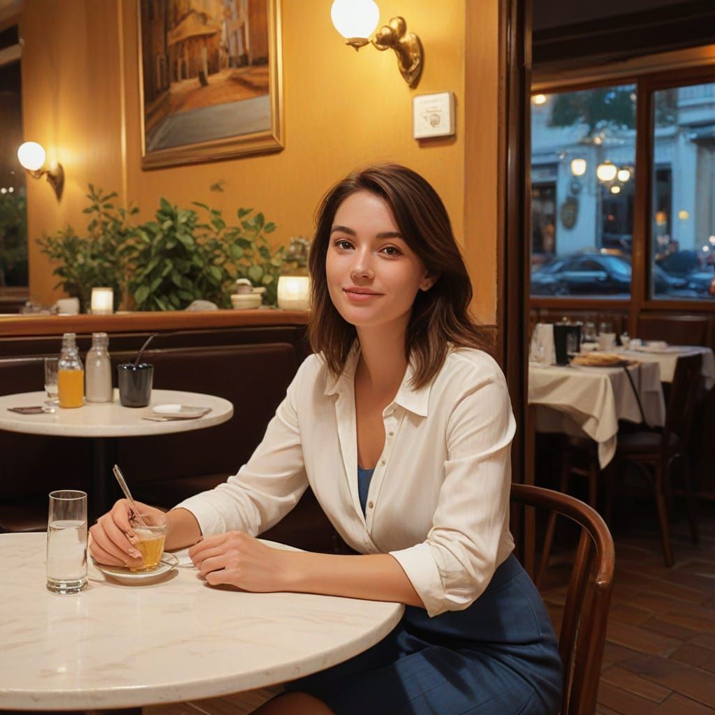 Cozy French Cafe at Night in Impressionist Style