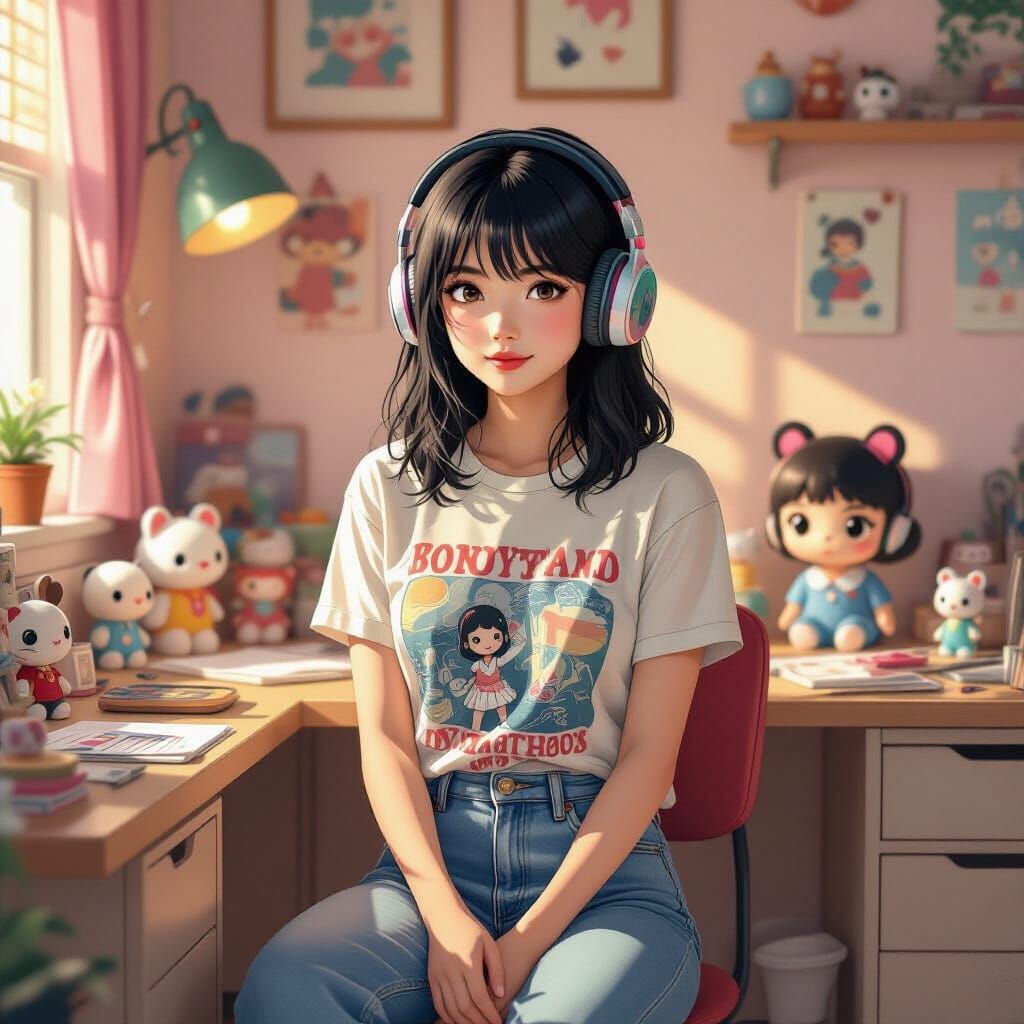 Introvert Girl with Retro Headphones, Whimsical Illustration