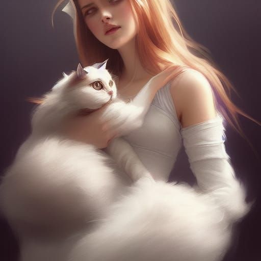 Girl with Cat Portrait in Hyperdetailed Digital Art