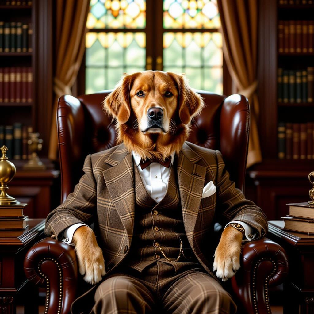 Golden Retriever Gentleman in Library, Classical Portrait