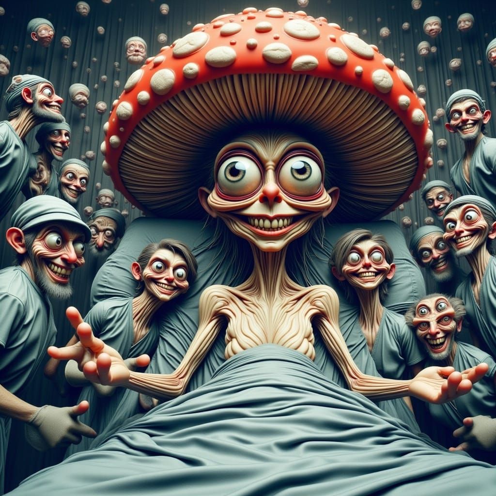 Whimsical Hospital Scene with Oversized Mushroom Patient