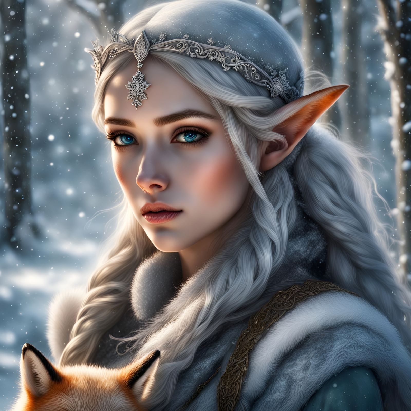 Princess Elf Portrait with Fox in Hyperrealism