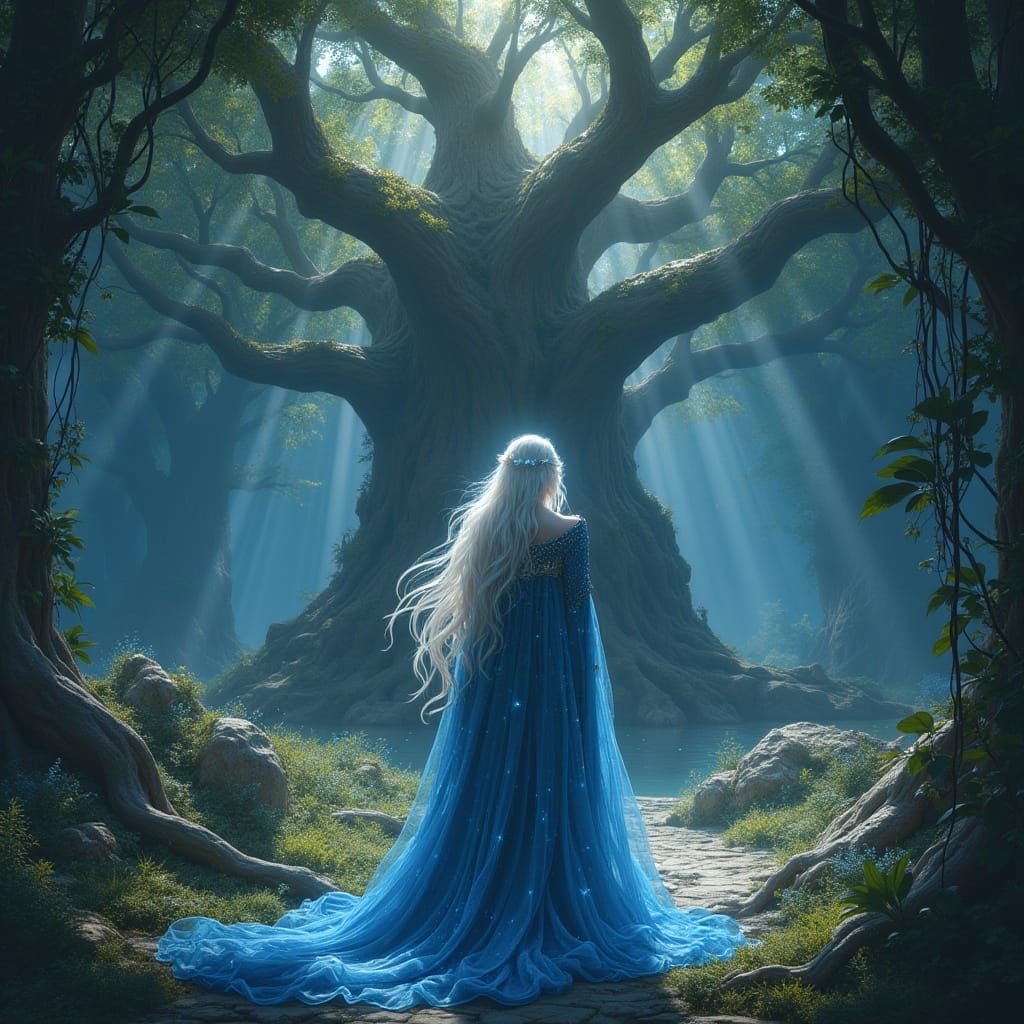 Elven King in Bioluminescent Grotto, Digital Painting