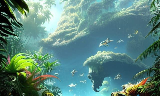 Underwater Tropical Jungle Lake: Fantastical Digital Art