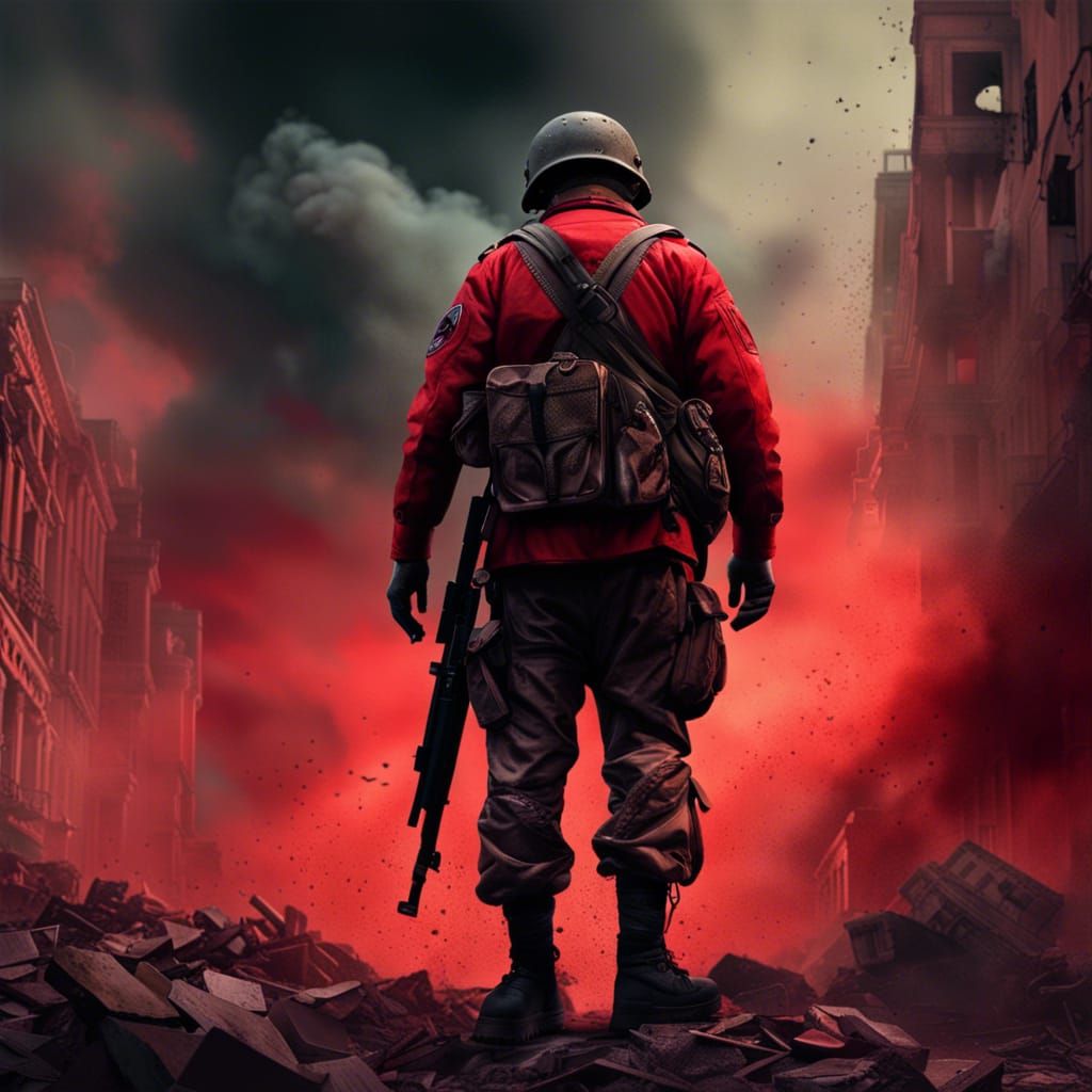 Grieving Soldier in Destroyed City: Hyperrealistic Art