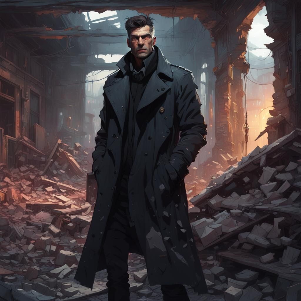 Man in Ravaged Trench Coat in Shop Ruins