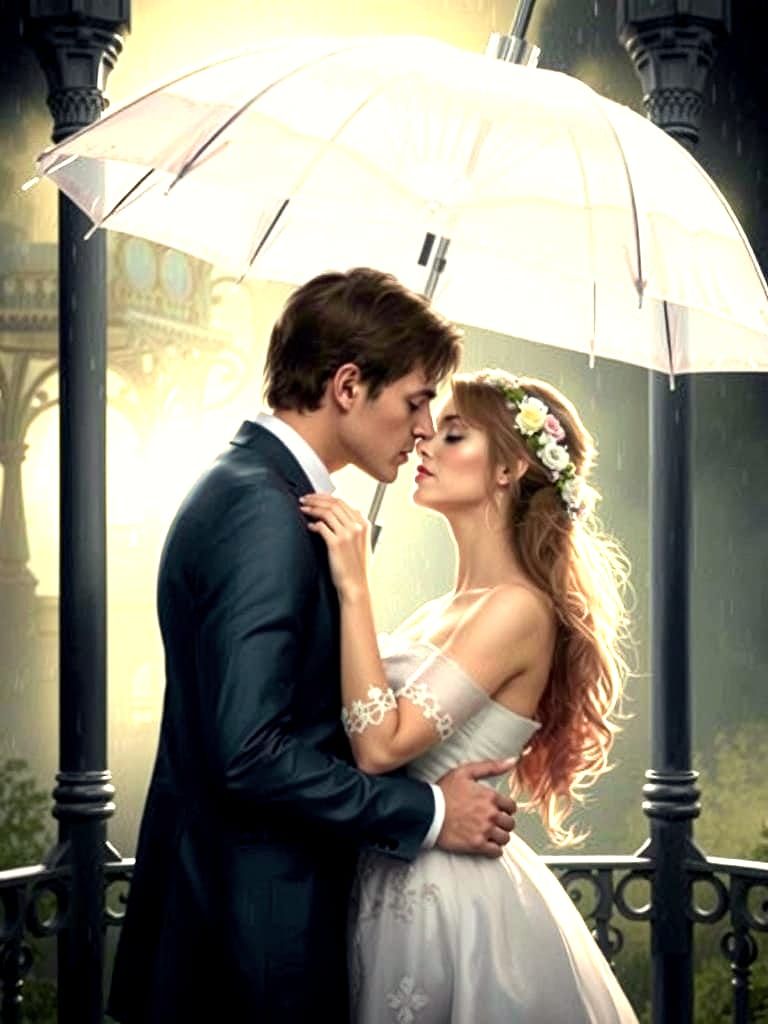 Romantic Couple Embracing Under an Umbrella in the Rain