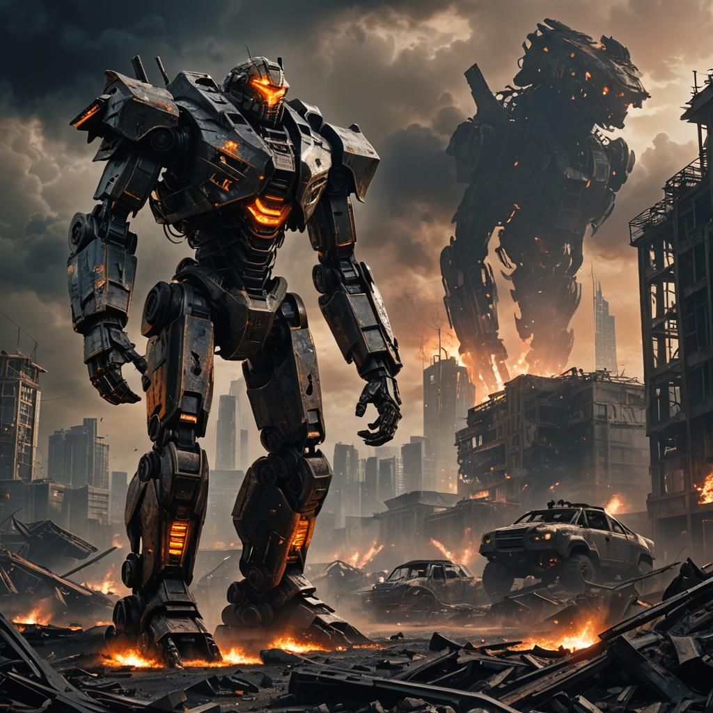 Battle-Damaged Jaeger in Smoldering Cityscape