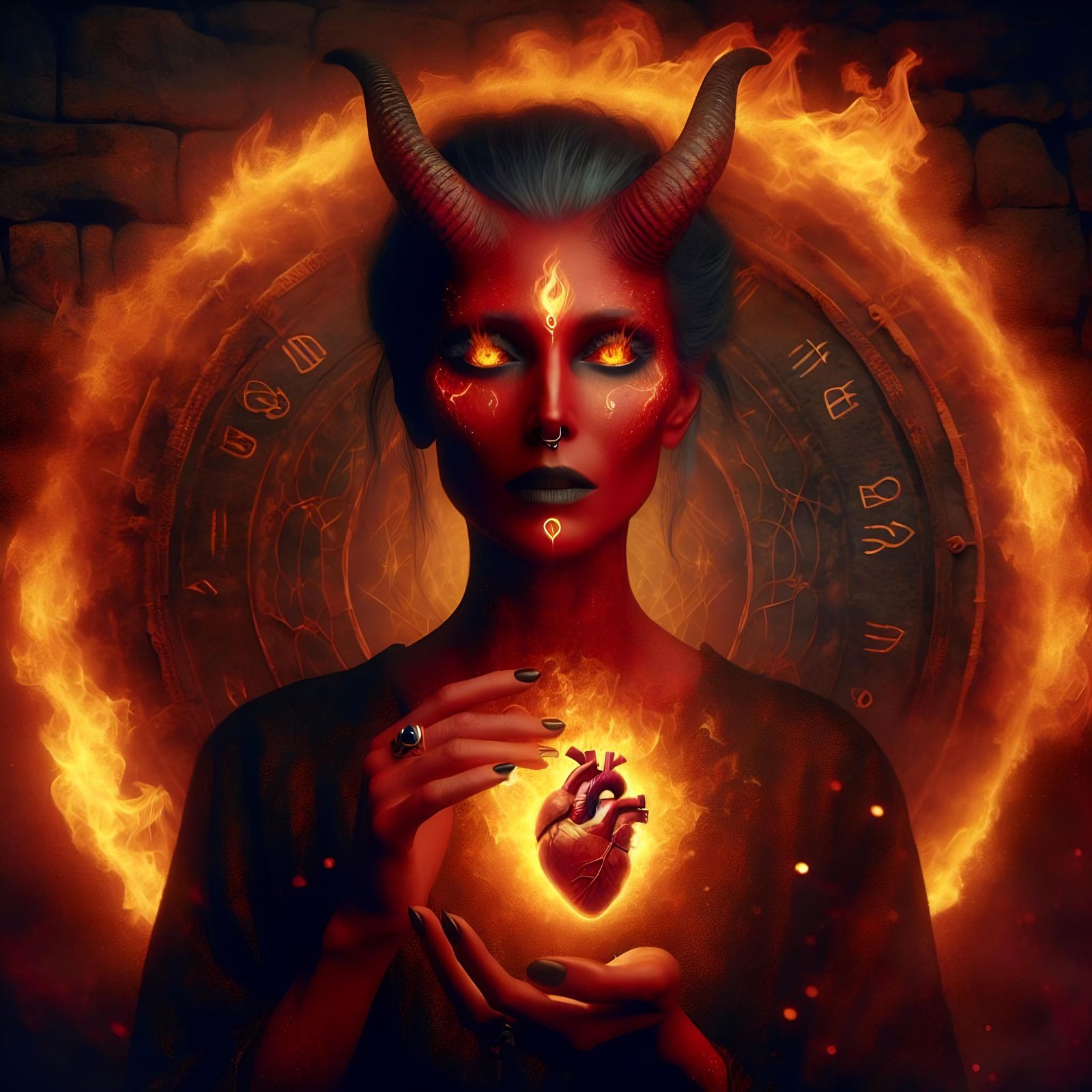 Fiery Demon Woman with Glowing Heart