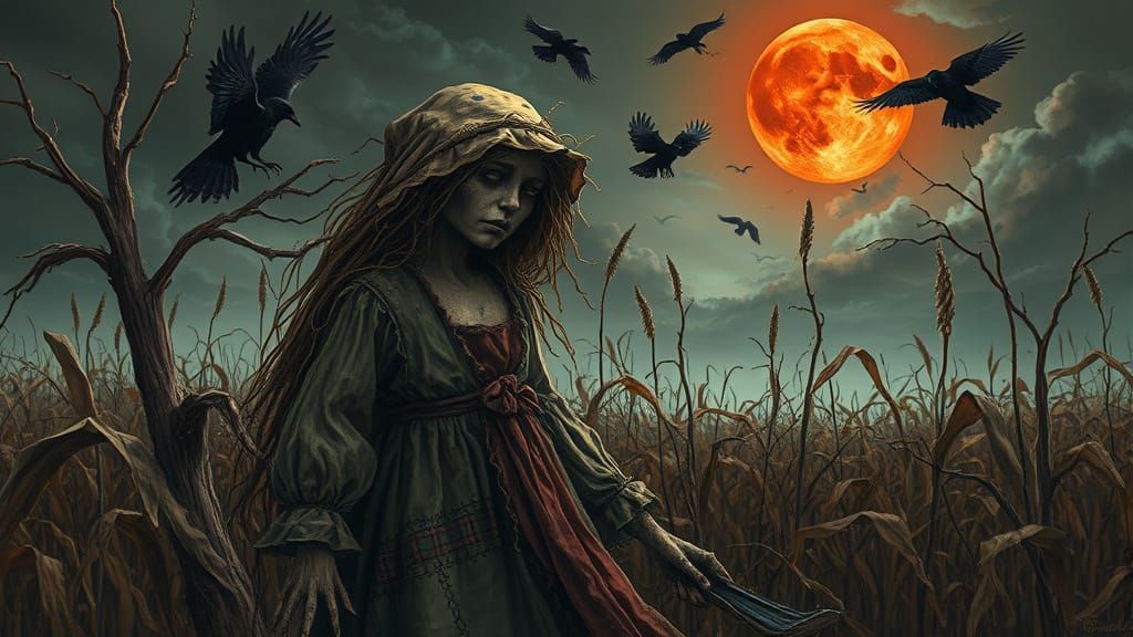 Sorrowful Scarecrow Maiden in Withered Cornfield