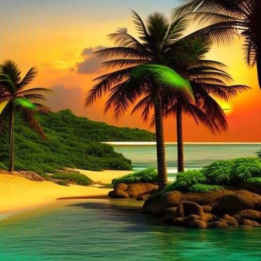 Tropical beach with palm trees and sea. Photorealistic fantasy style. HDR.