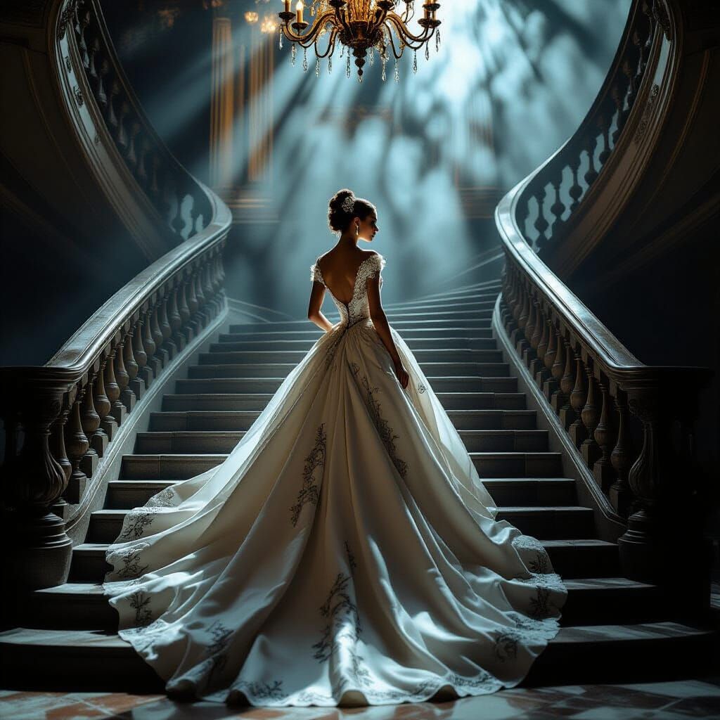 Regal Woman in Avant-Garde Gown on Decaying Staircase