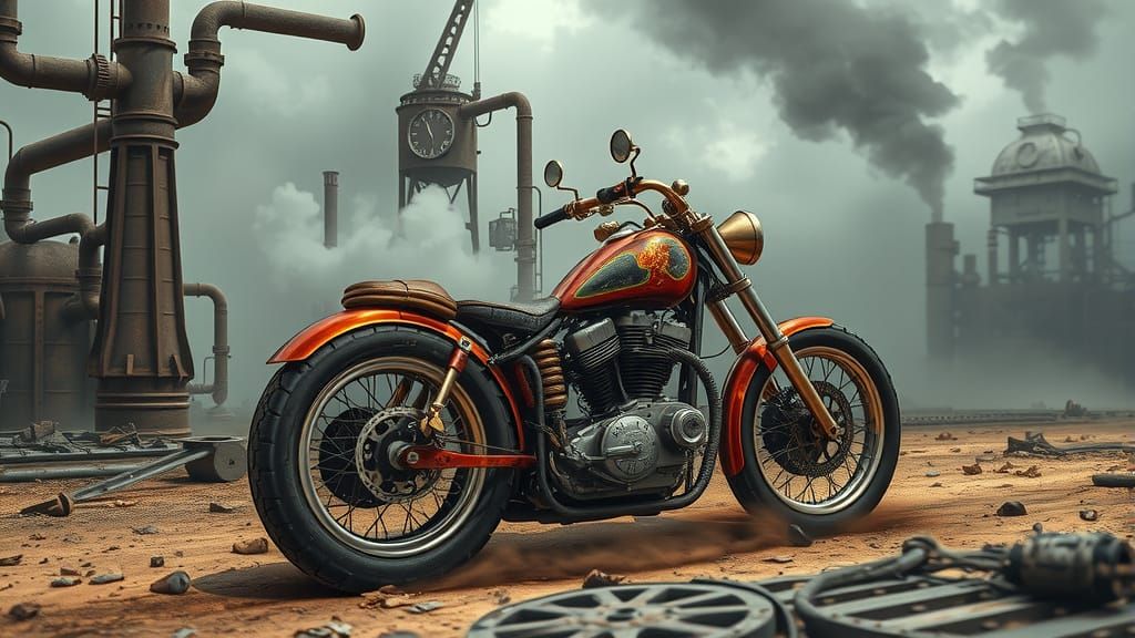 Steampunk Motorcycle Speeds Through Industrial Wasteland