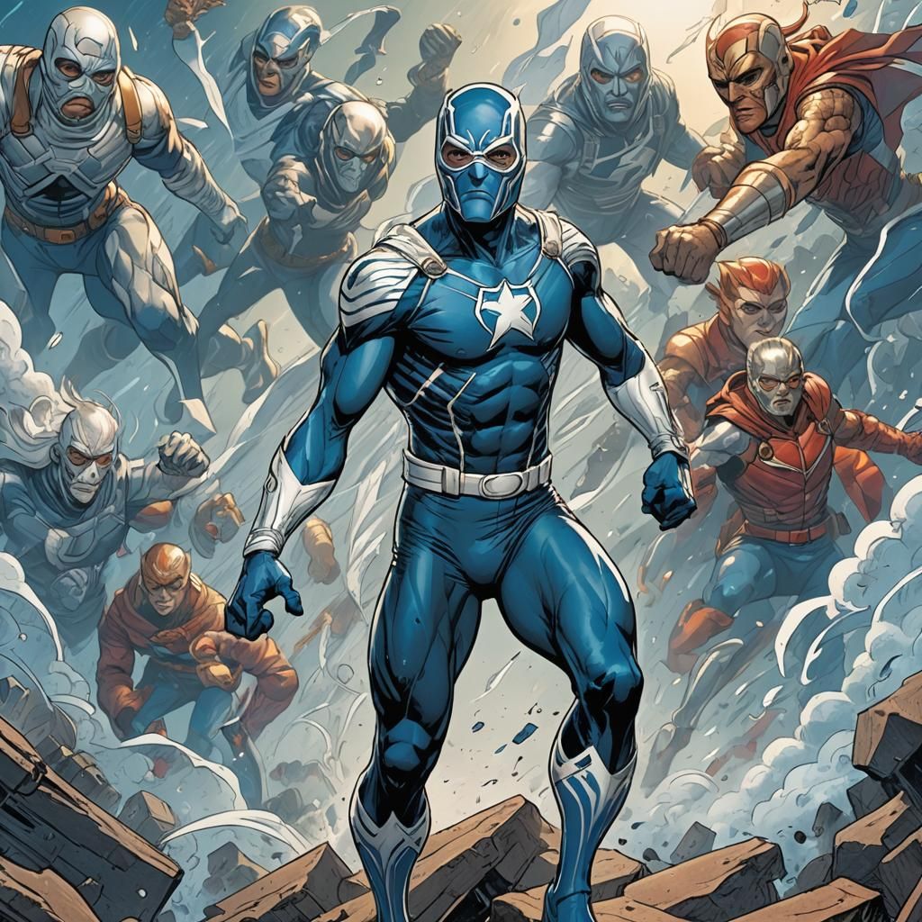 Masked Figure in Blue Tights, Comic Book Art