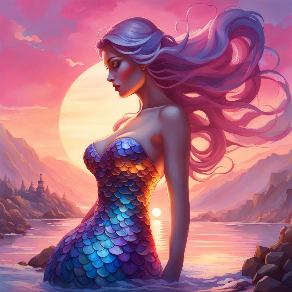 Giant Mermaid Towers Over Town: Splash Art Style