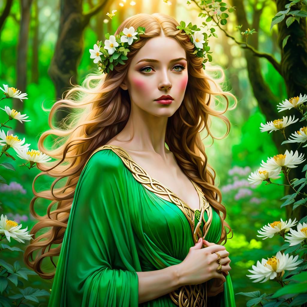 Aine: Celtic Goddess in Forest, Pre-Raphaelite Style
