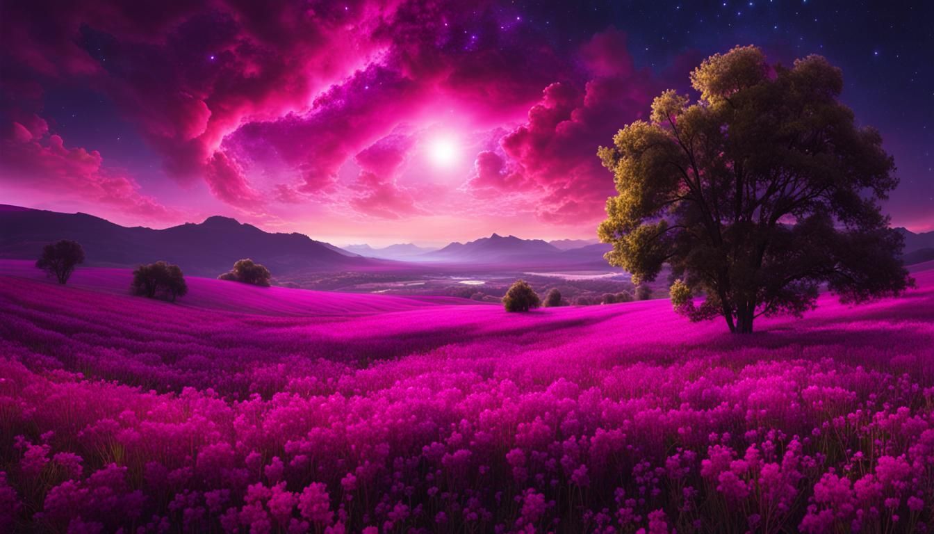 Magenta Bioluminescent Wildflower Field Under Cosmic Sky