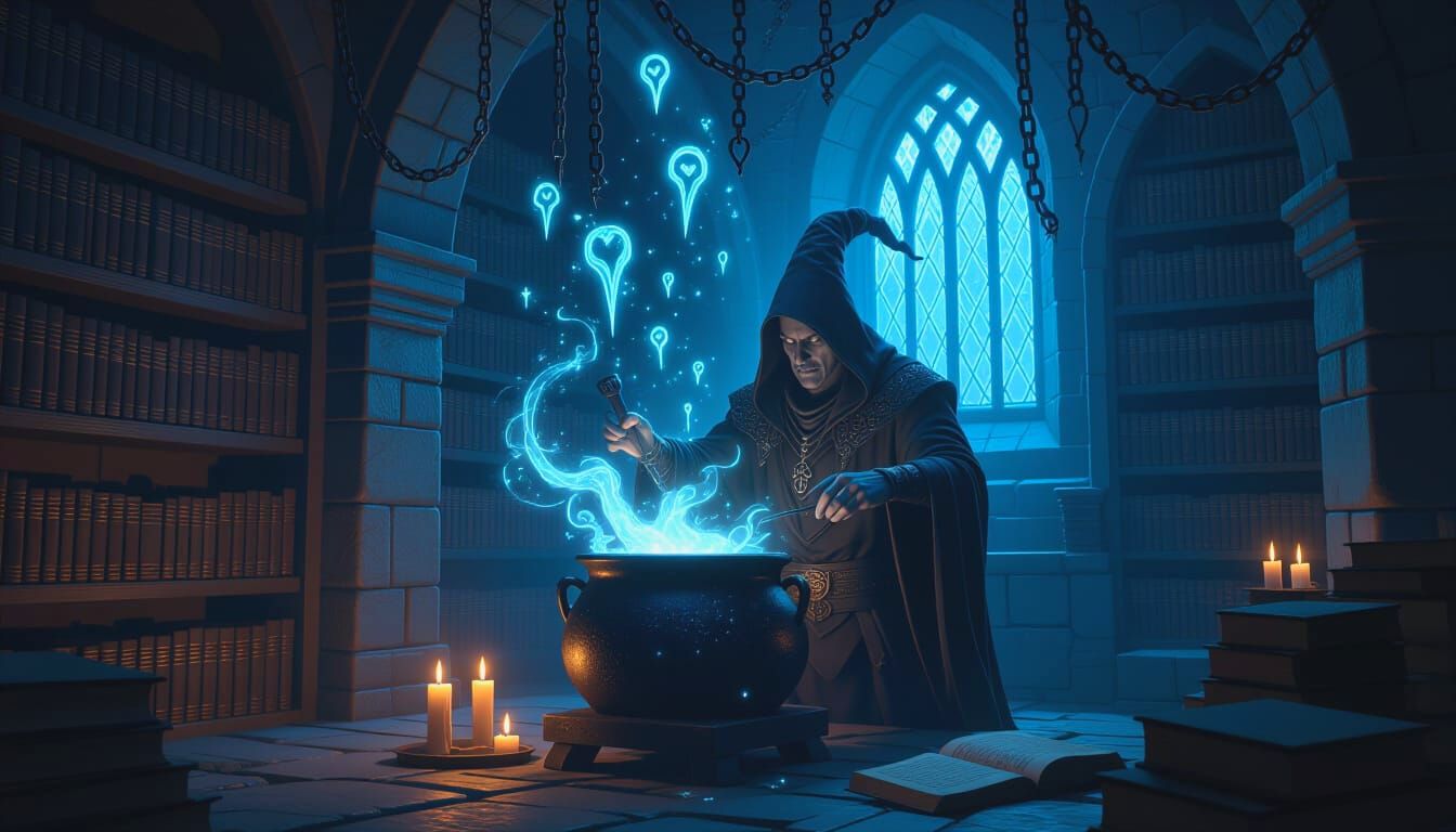 Warlock Brews Magical Potion in Dark Fantasy Chamber