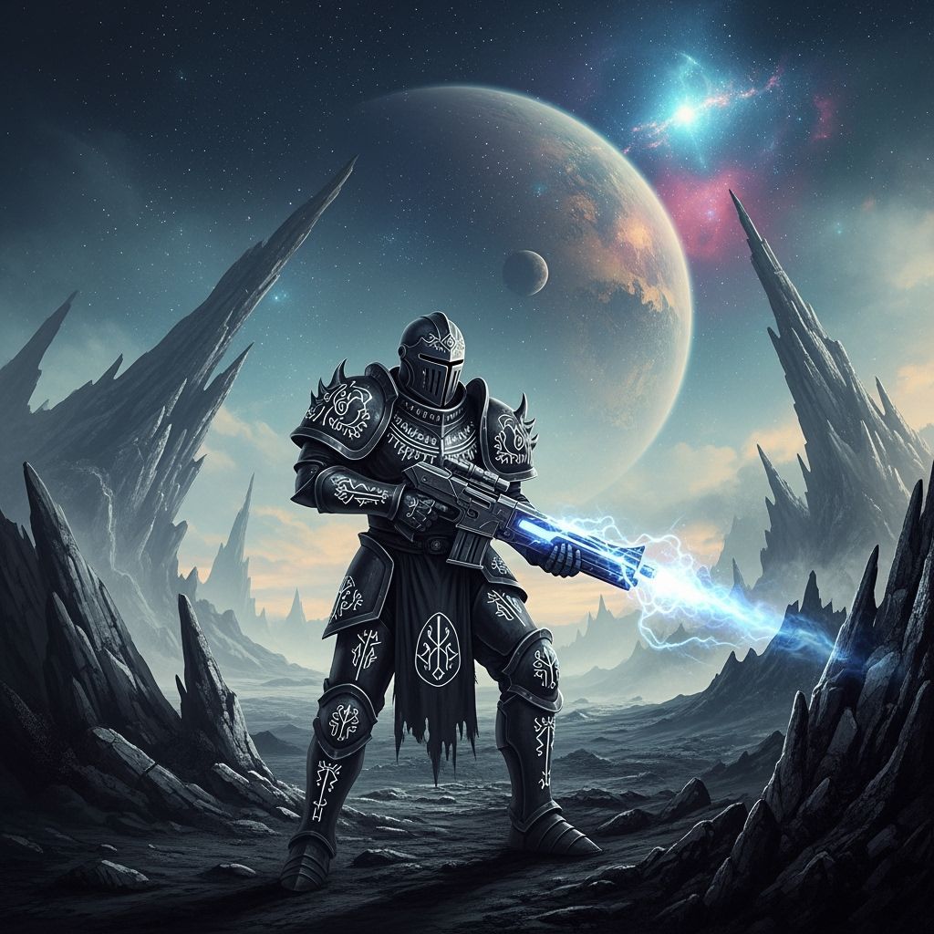 Knight in Obsidian Armor on Alien World with Plasma Rifle