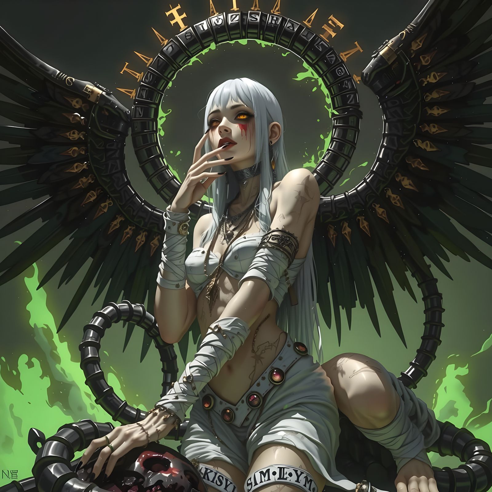 Mysterious Undead Sphinx Goddess with Golden Wings and Haunt...