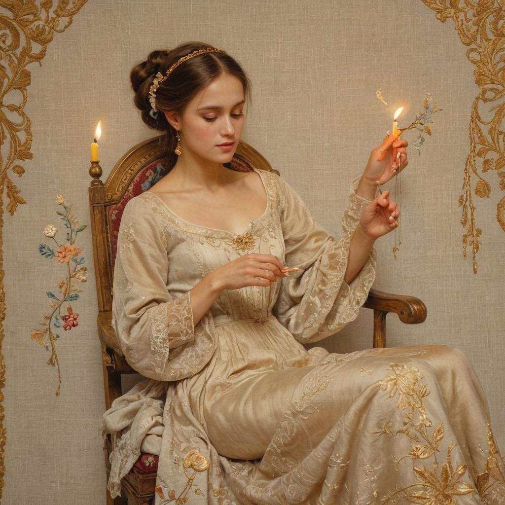 Woman Embroidering, in French Symbolism Style