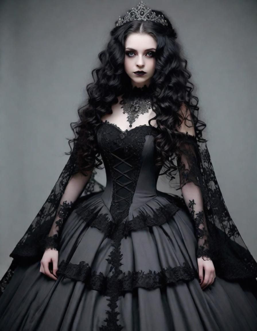 Goth Woman in Lace Gown in Winter Forest