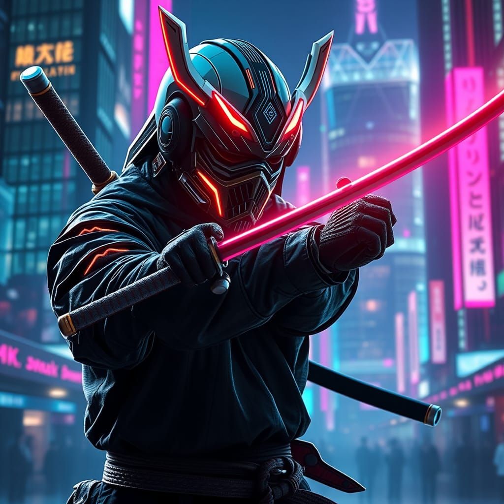 Cyberpunk Samurai Warrior in Neon Cityscape
