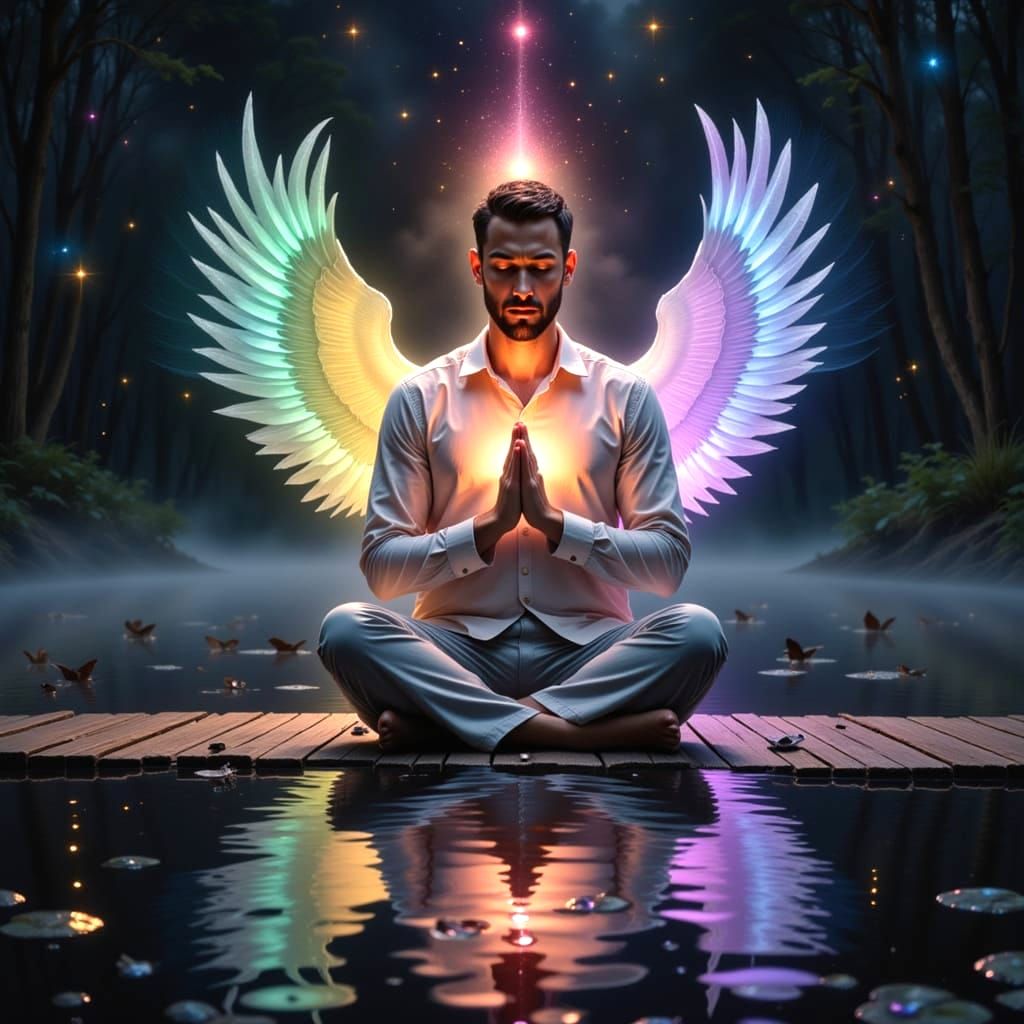 Serene Man Meditates as Rainbow Swan Glides