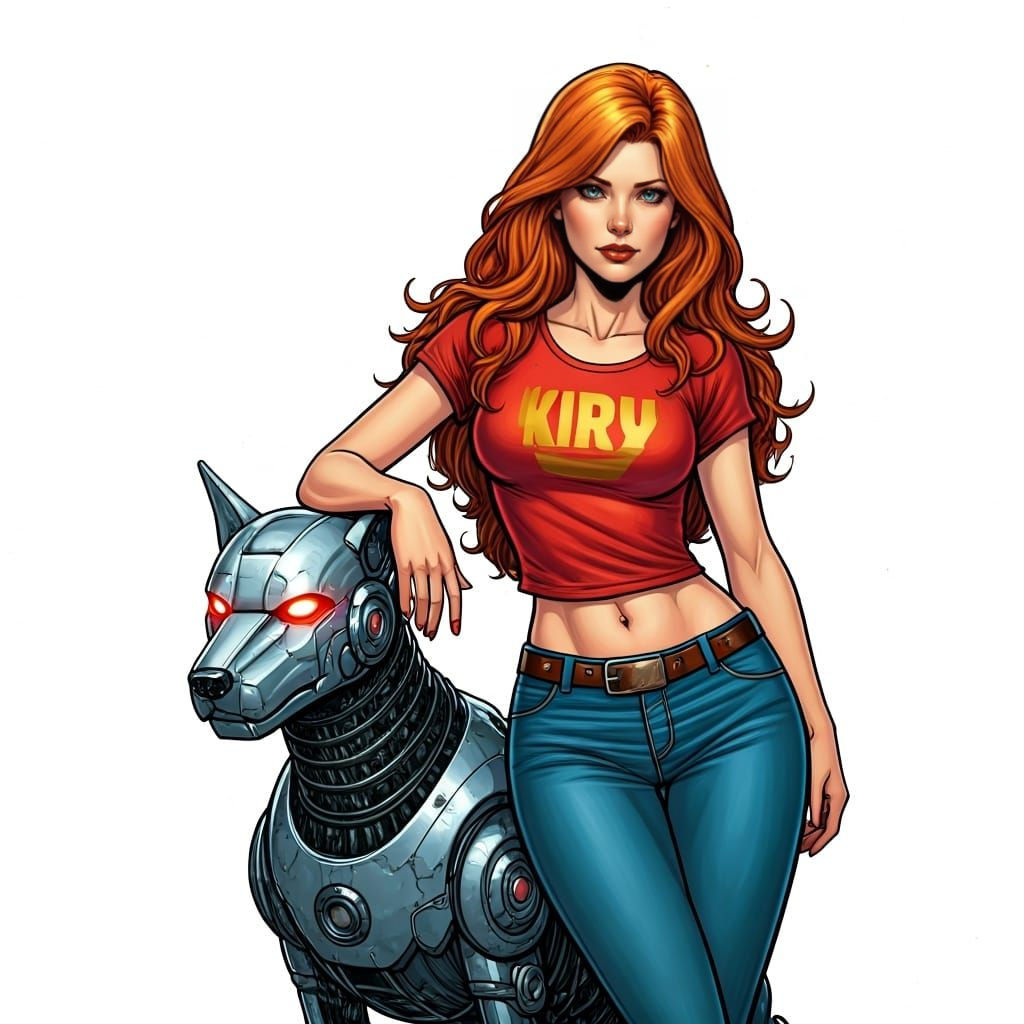 Redhead with Robotic Dog, Comic Book Art