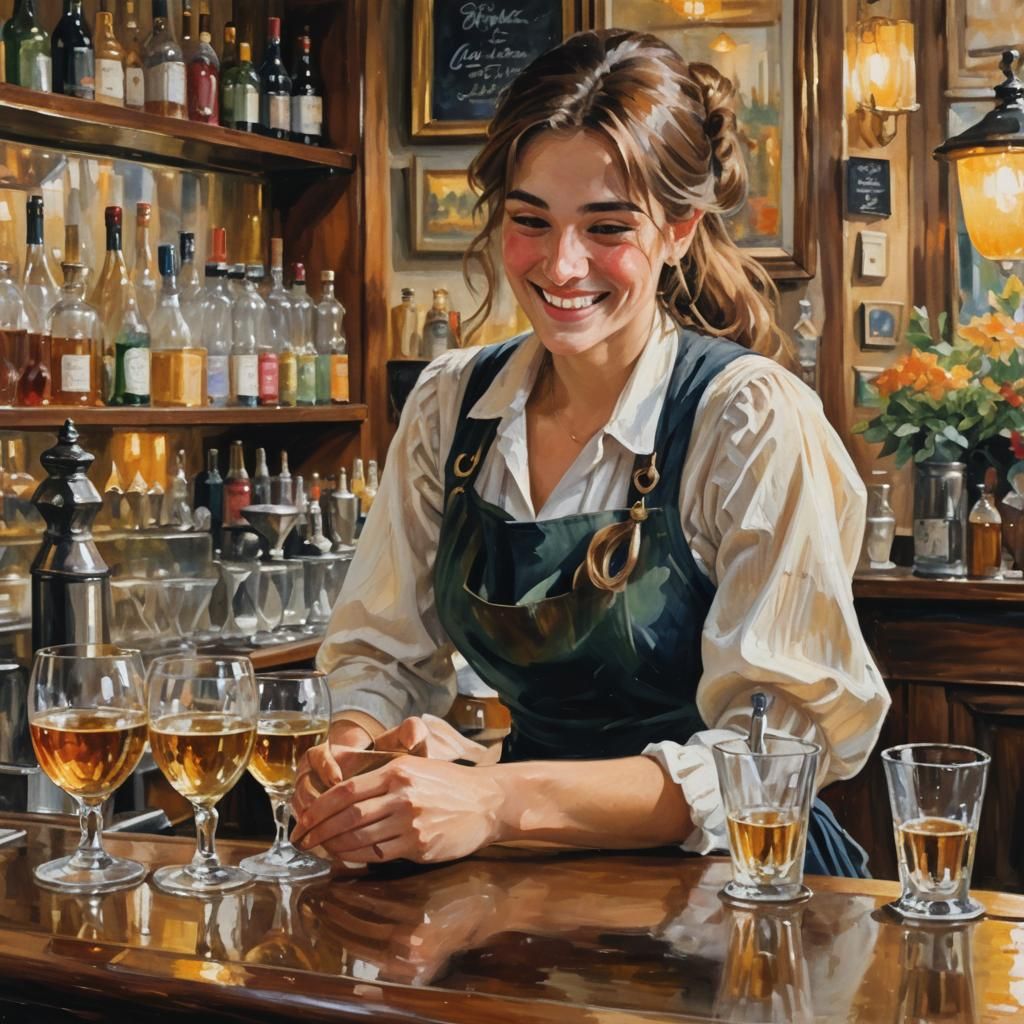 Charming Parisian Barmaid in Impressionist Style
