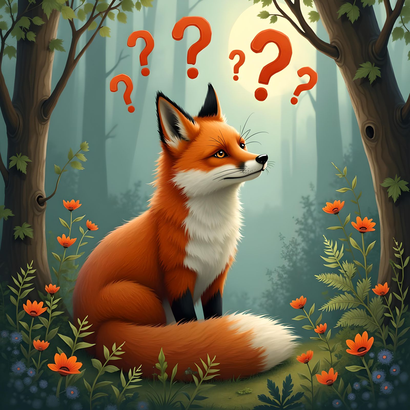 Confused Fox Surrounded by Question Marks