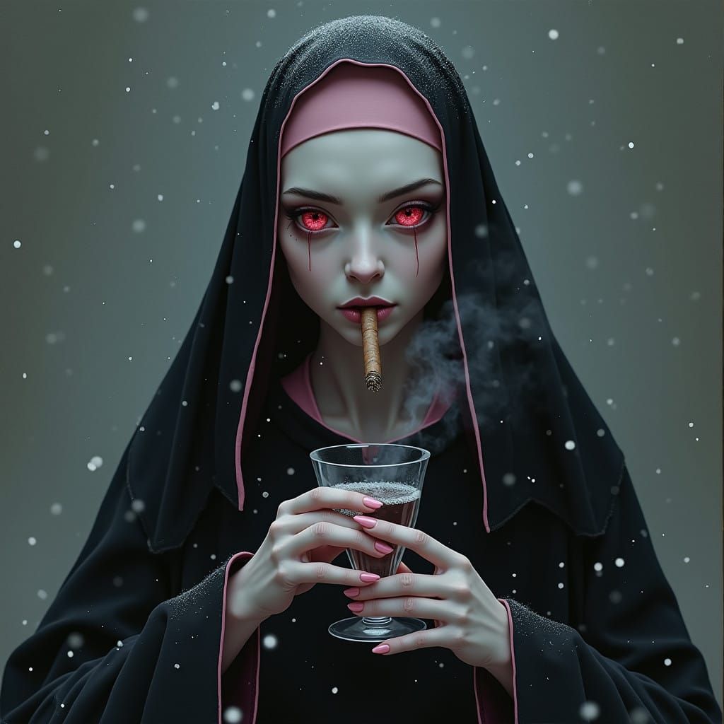 Mystical Nun in Whimsical Winter Wonderland