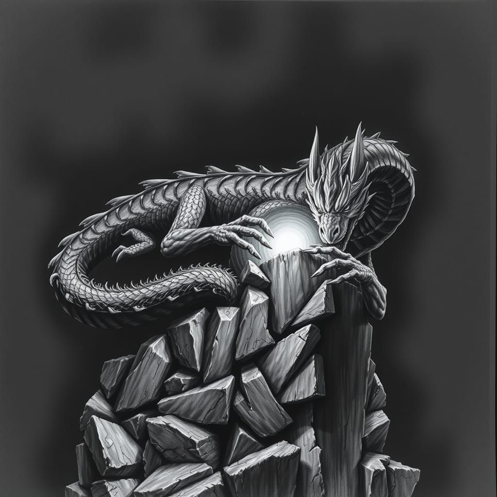 Dragon Focused on Glowing Artifact in Charcoal Art