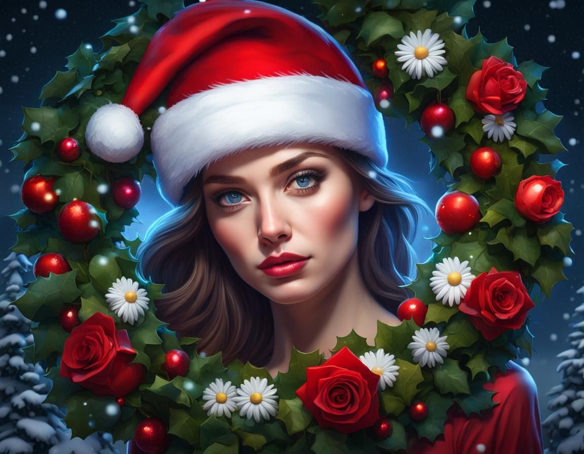 Festive Portrait of Woman with Christmas Wreath