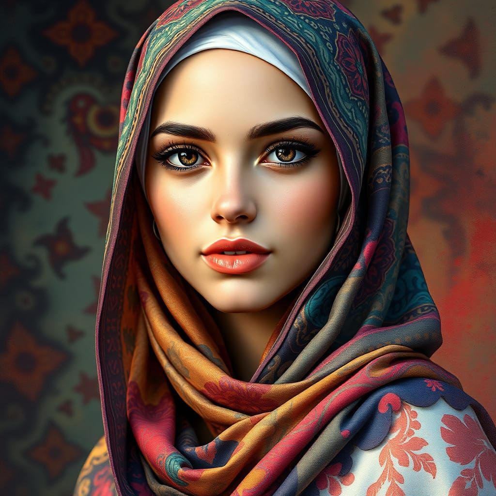 Confident Muslim Woman in Vibrant Hijab, Watercolor Fantasy ...