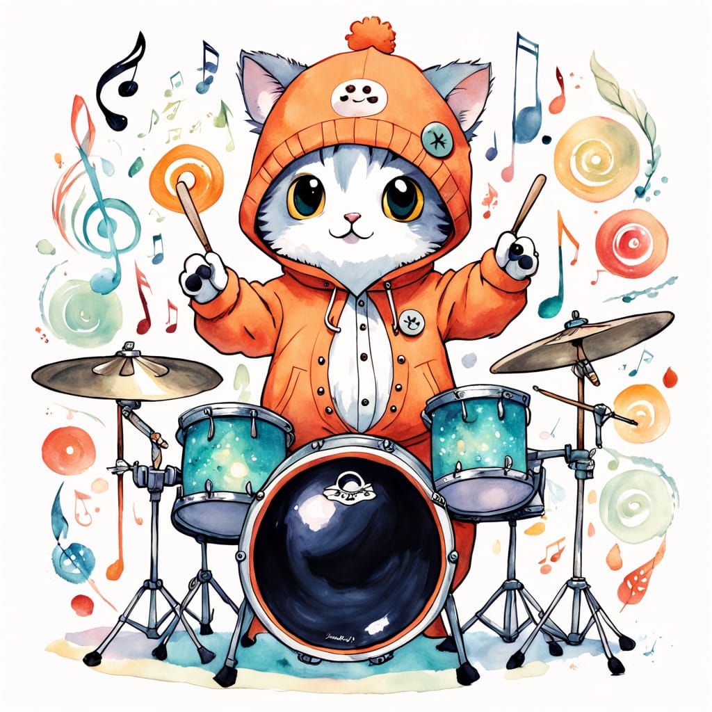 Whimsical Watercolor Cat Cub Drummer