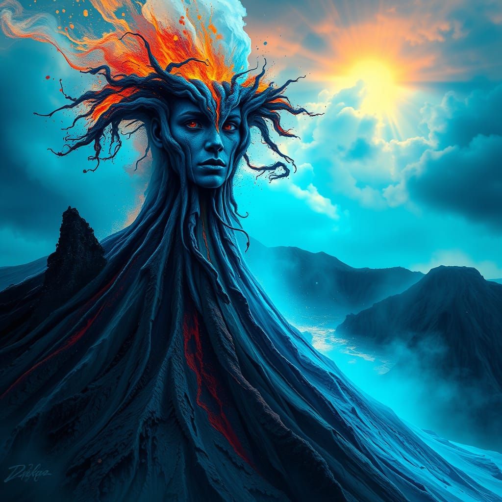 Blue Volcano of Indonesia in Hyperrealistic Splash Art