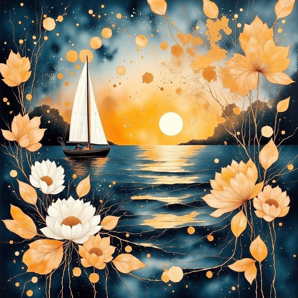 Surreal Sunset Scene with Sailboat and Vibrant Floral Elemen...