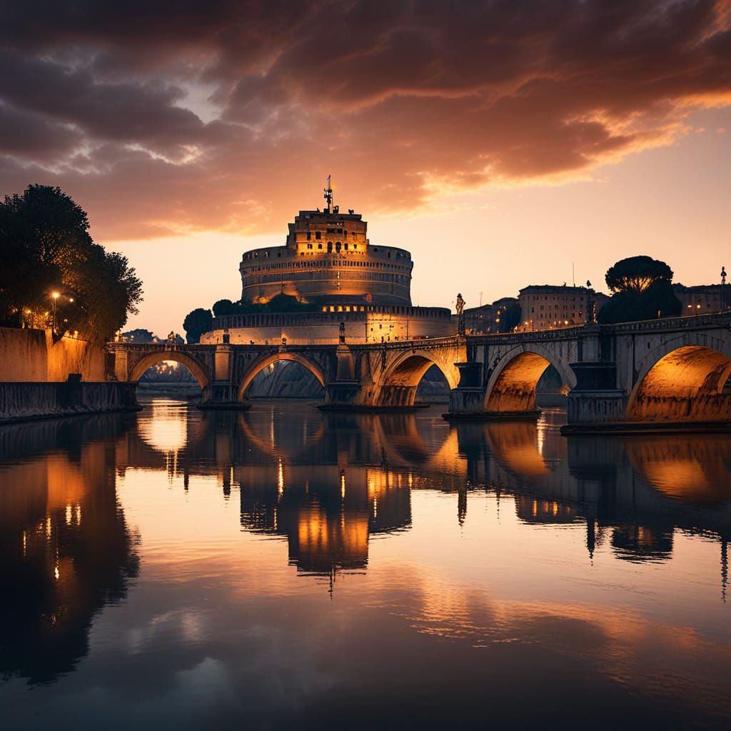 Golden Hour Sunset Over Tiber River, Rome