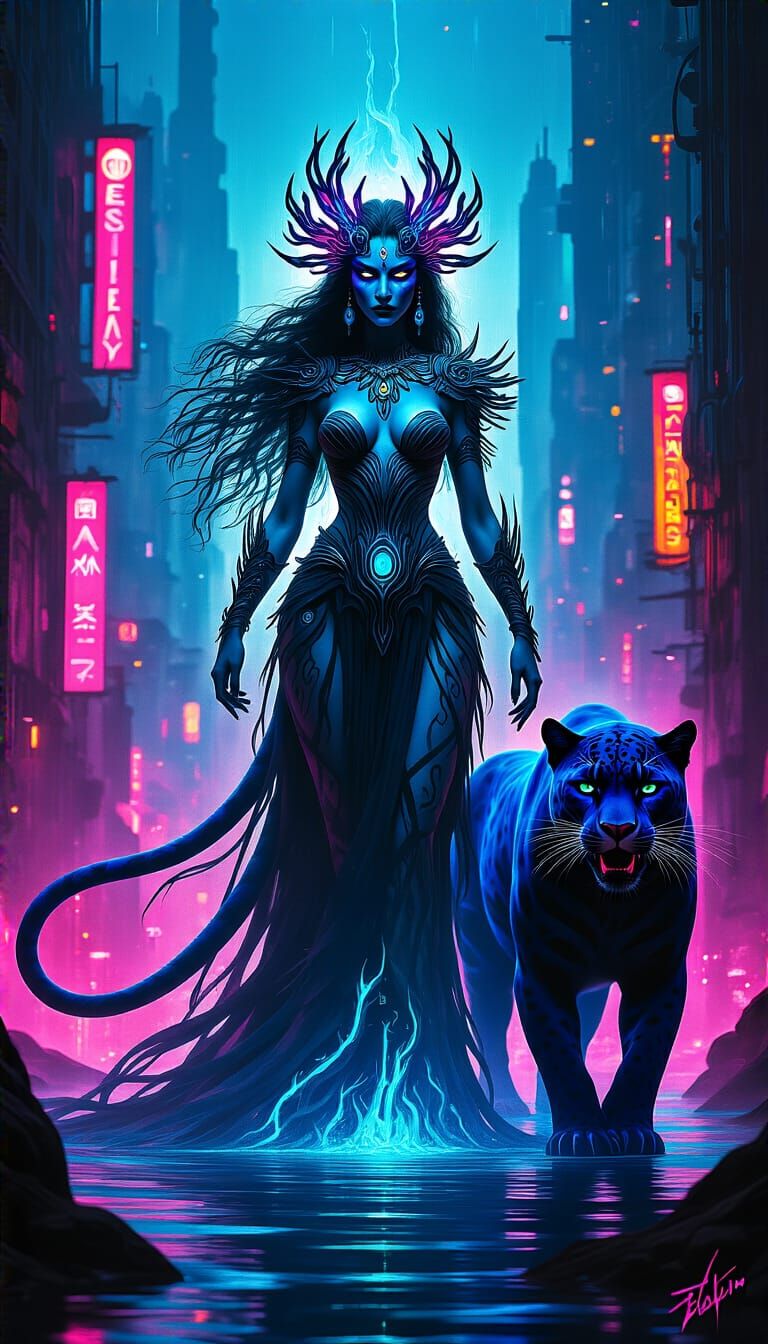 Cyberpunk Lady of the Lake with Blue Panther