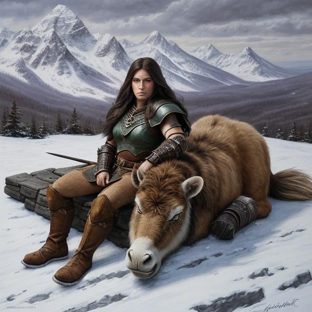 Barbarian Huntress and War Yak Sketch