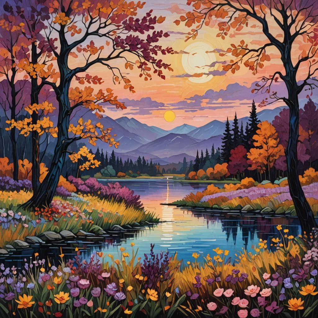 Autumn Lake Sunset in Impressionistic Style