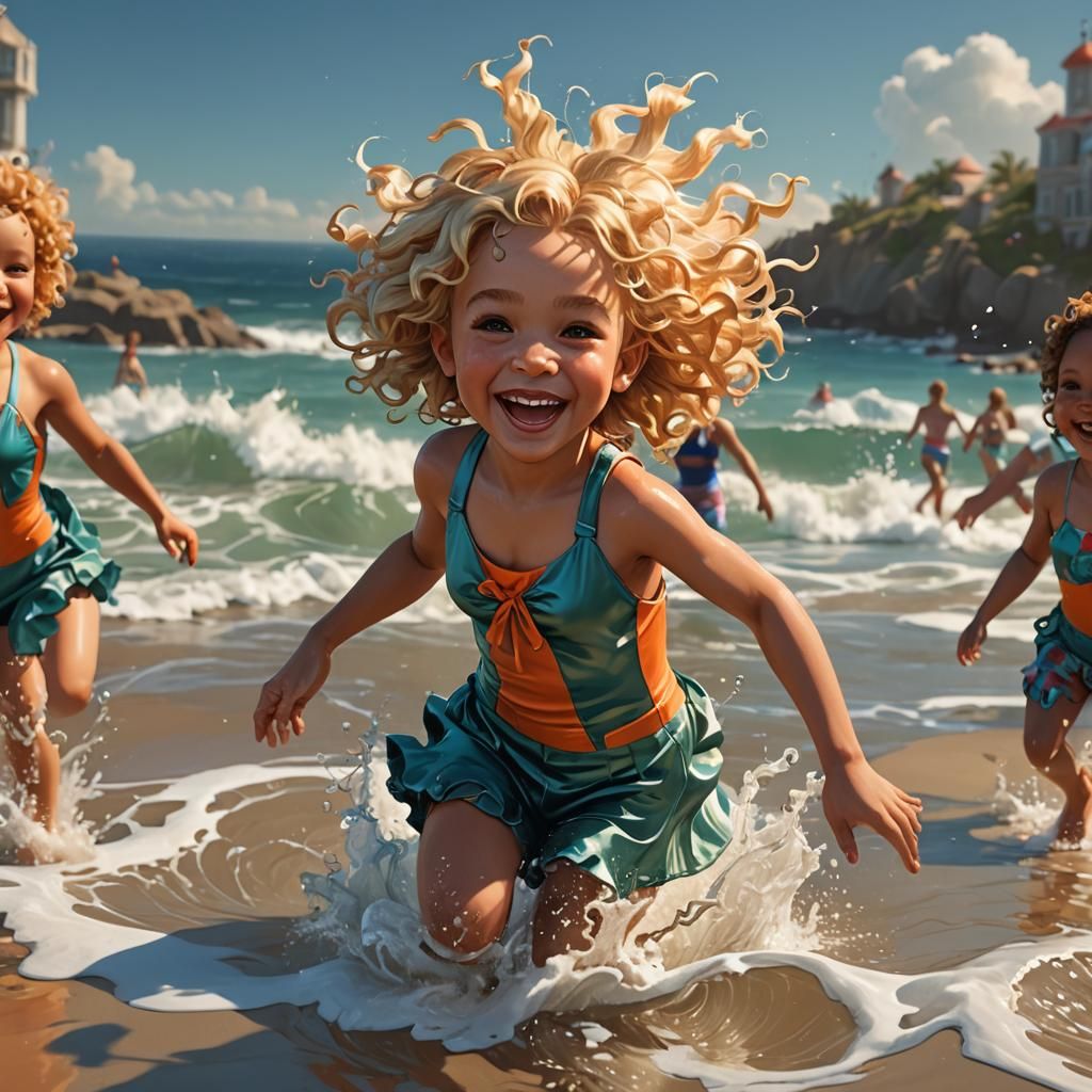 Toddler Girl Jumping on Beach, Hyperdetailed Concept Art