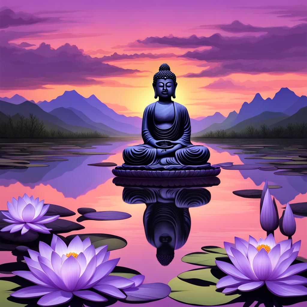 Sunset Buddha with Mountains and Water Lilies