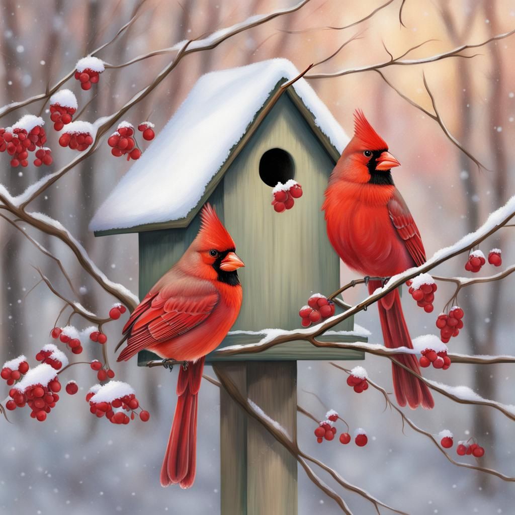 Red Cardinals in Winter Snow, Birdhouse Portrait