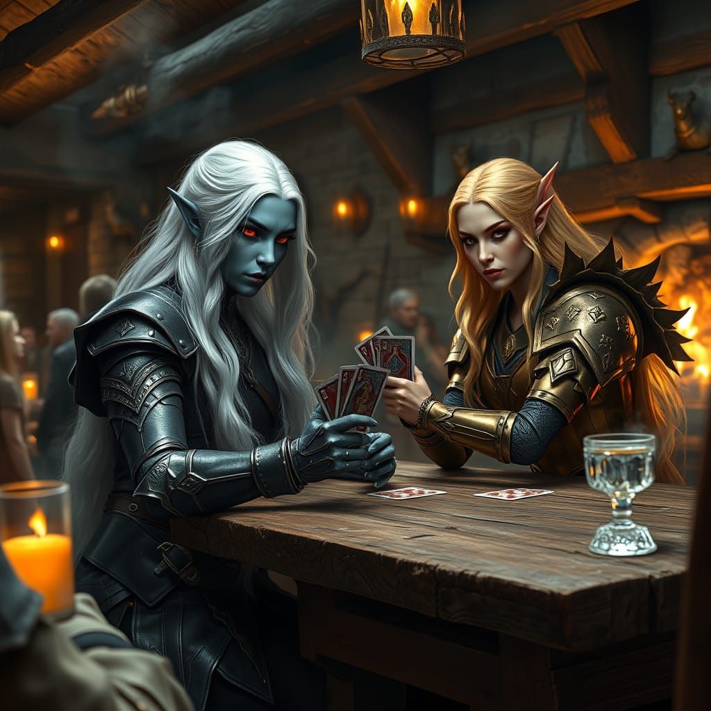 Surreal Fantasy Tavern Scene with Dark Elf and Elf Warriors