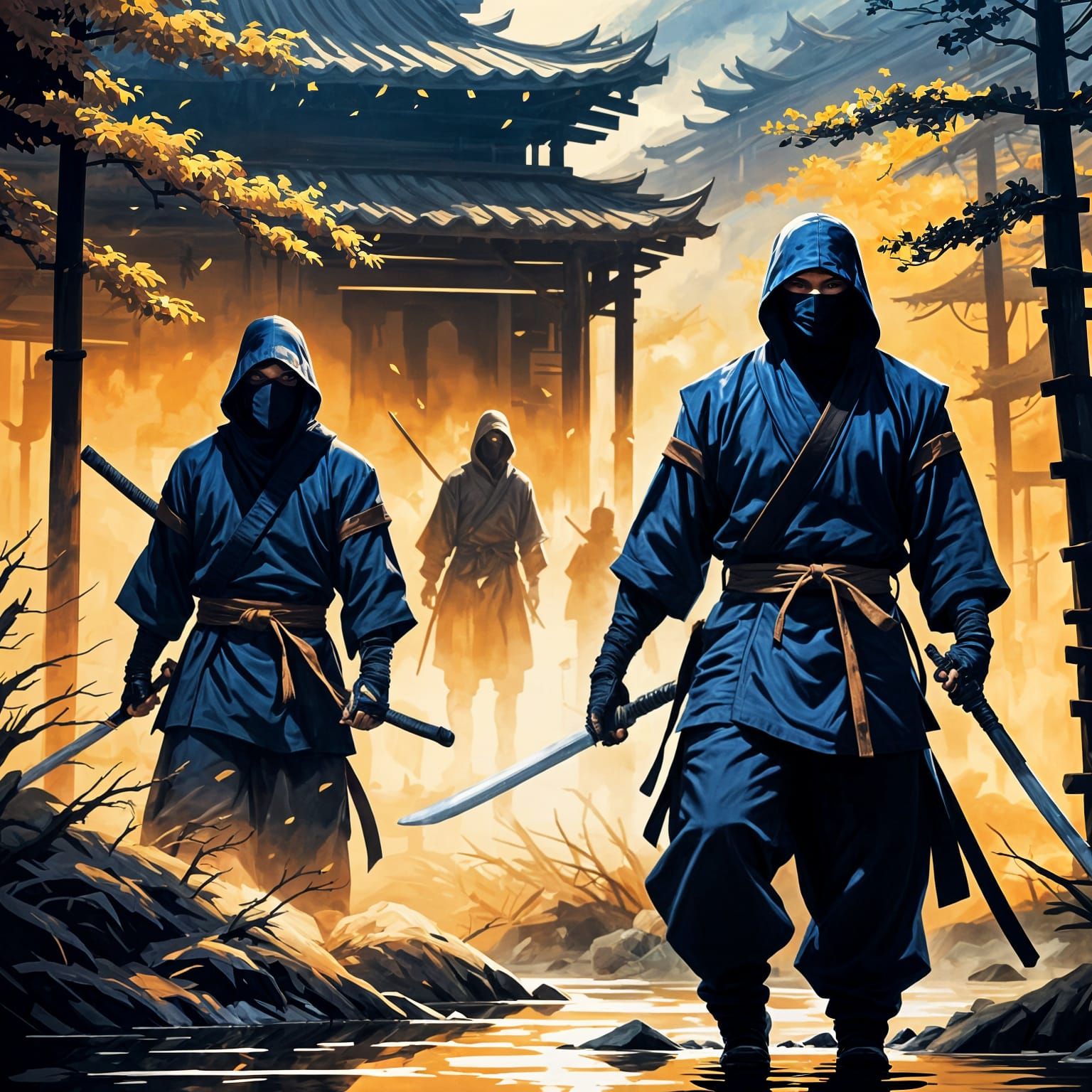Ninjas in Shadows: Oil Painting Poster Art